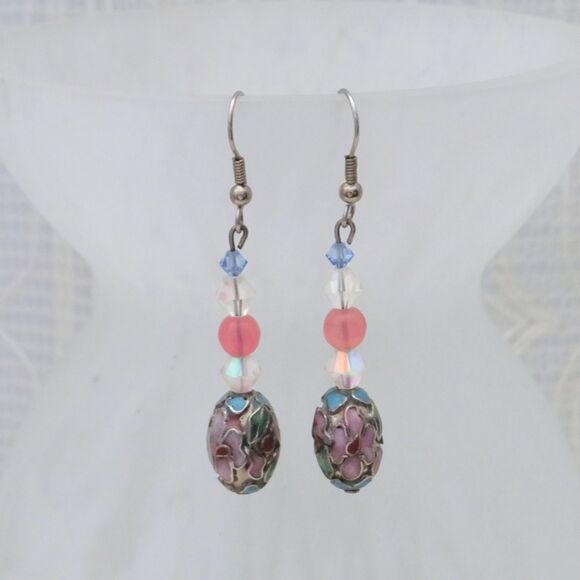 Handmade Dangle Earrings, Blue Cloisonne Bead, Crystal, Dressy Business Jewelry - Picture 3 of 7
